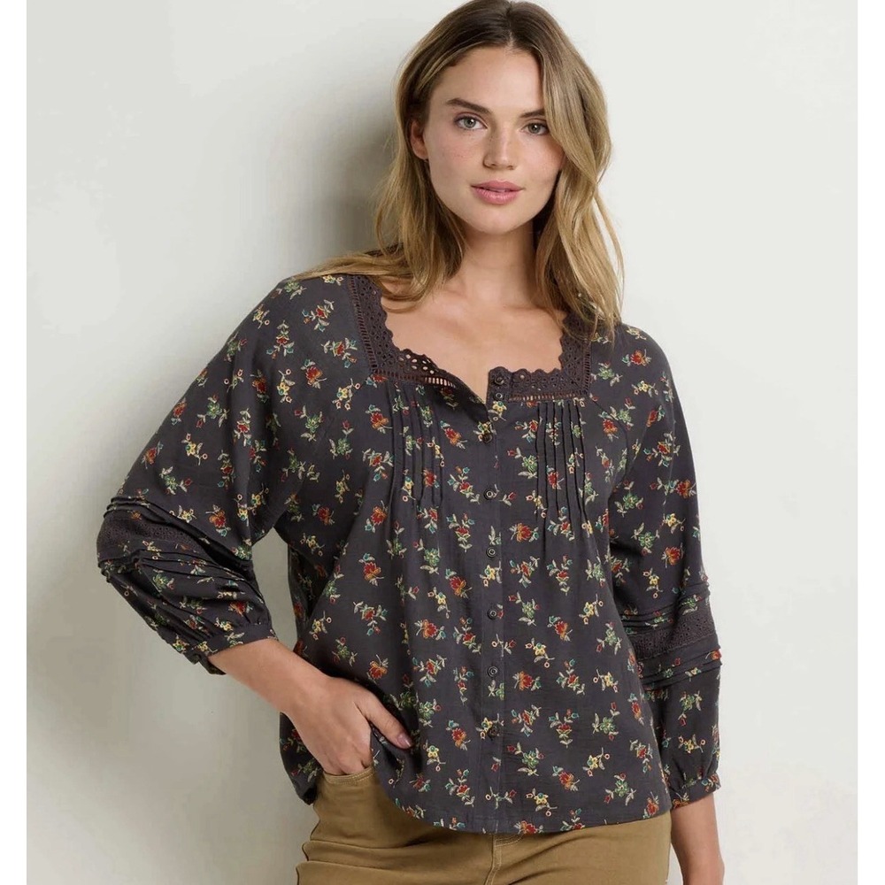 Toad & Co Women's Manzana Peasant Long Sleeve Floral Shirt Medium Gray
